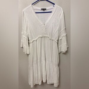 Boho White Babydoll Tunic Dress Swiss Dot Lace Trim Flowy Mini Dress Women’s XL